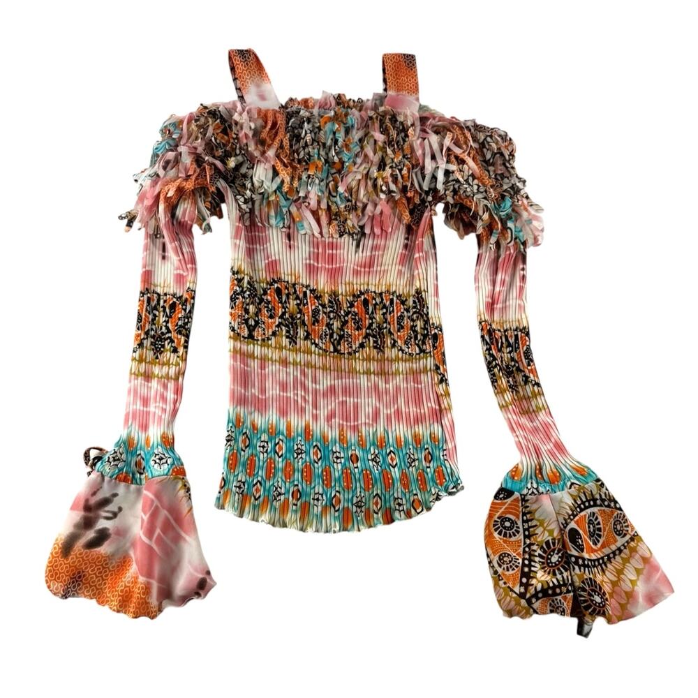 Kaelyn-Max Micro Pleat Off Shoulder Top M Crinkle Shaggy Neckline Fairycore Y2K